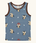 Maxomorra GOTS organic cotton kids tank top in blue with a cute repeating owl print and brown trim