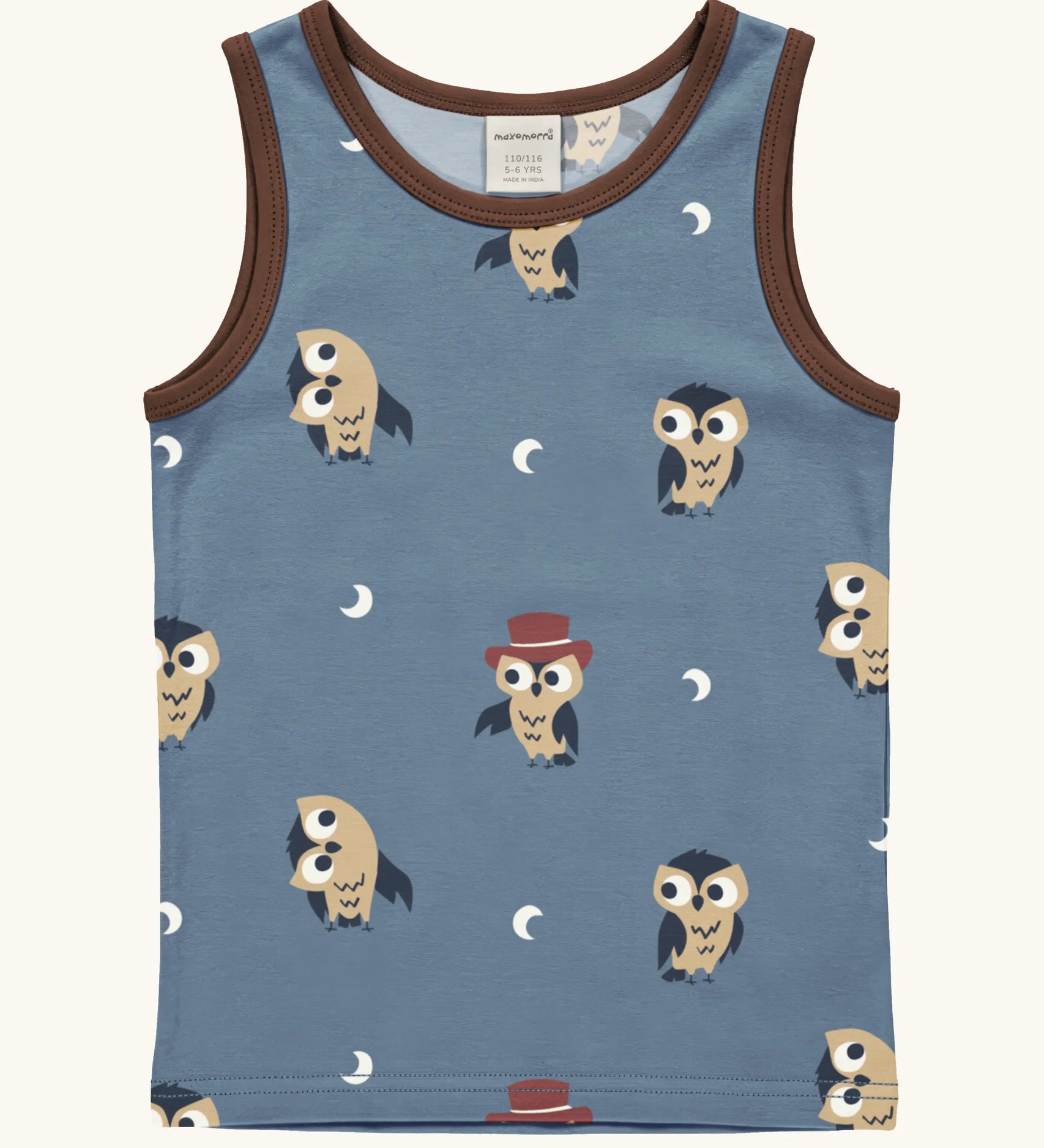 Maxomorra GOTS organic cotton kids tank top in blue with a cute repeating owl print and brown trim