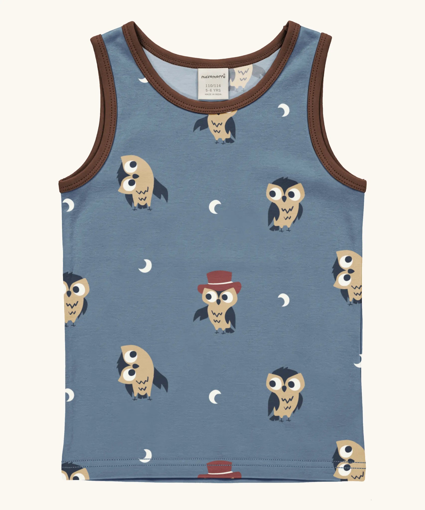 Maxomorra GOTS organic cotton kids tank top in blue with a cute repeating owl print and brown trim