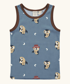 Maxomorra GOTS organic cotton kids tank top in blue with a cute repeating owl print and brown trim