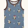 Maxomorra GOTS organic cotton kids tank top in blue with a cute repeating owl print and brown trim