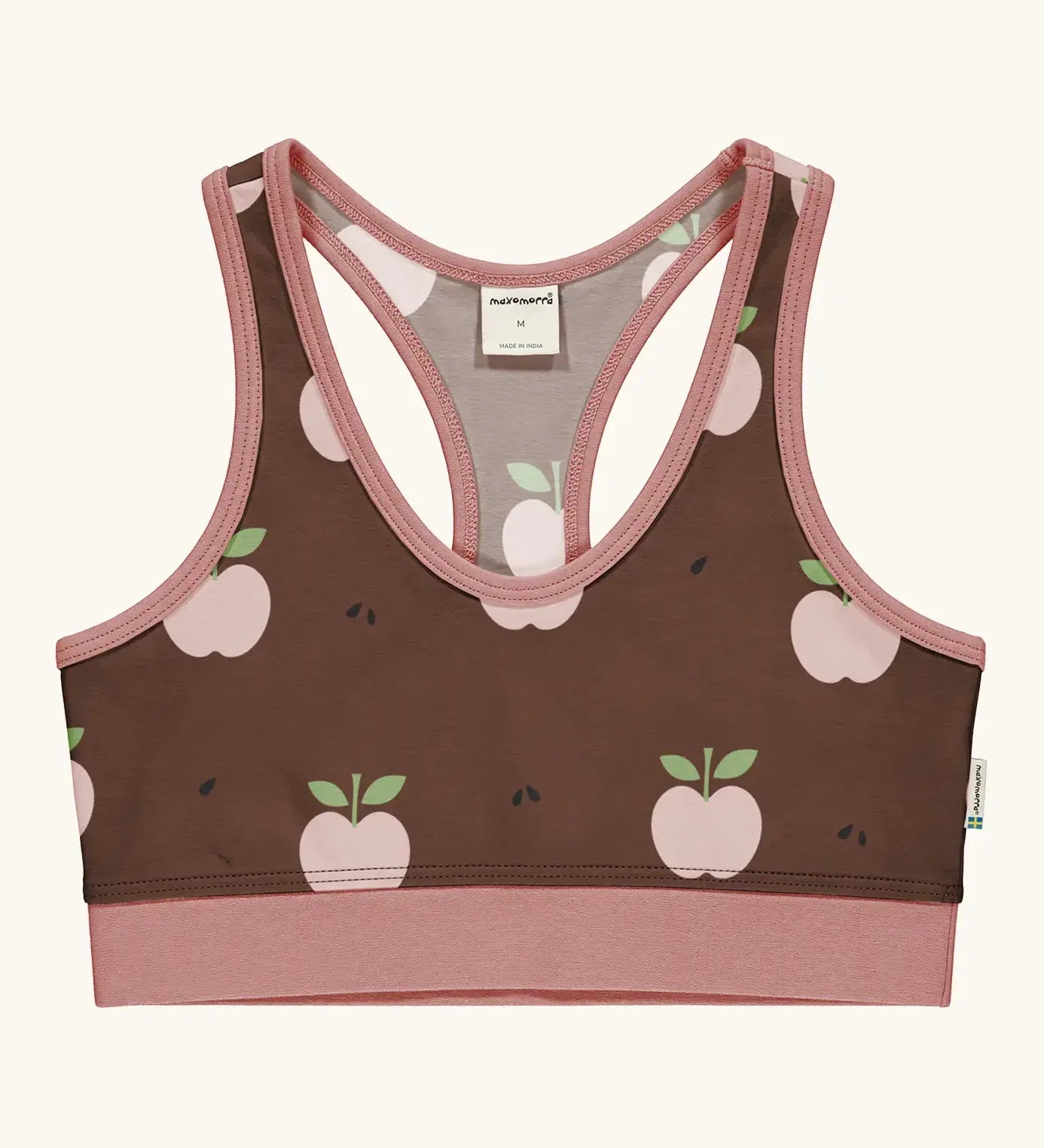 Maxomorra GOTS organic cotton comfort top in brown with a repeating apple print and pale pink trim. A cropped vest with an elasticated under band