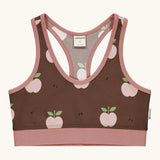 Maxomorra GOTS organic cotton comfort top in brown with a repeating apple print and pale pink trim. A cropped vest with an elasticated under band