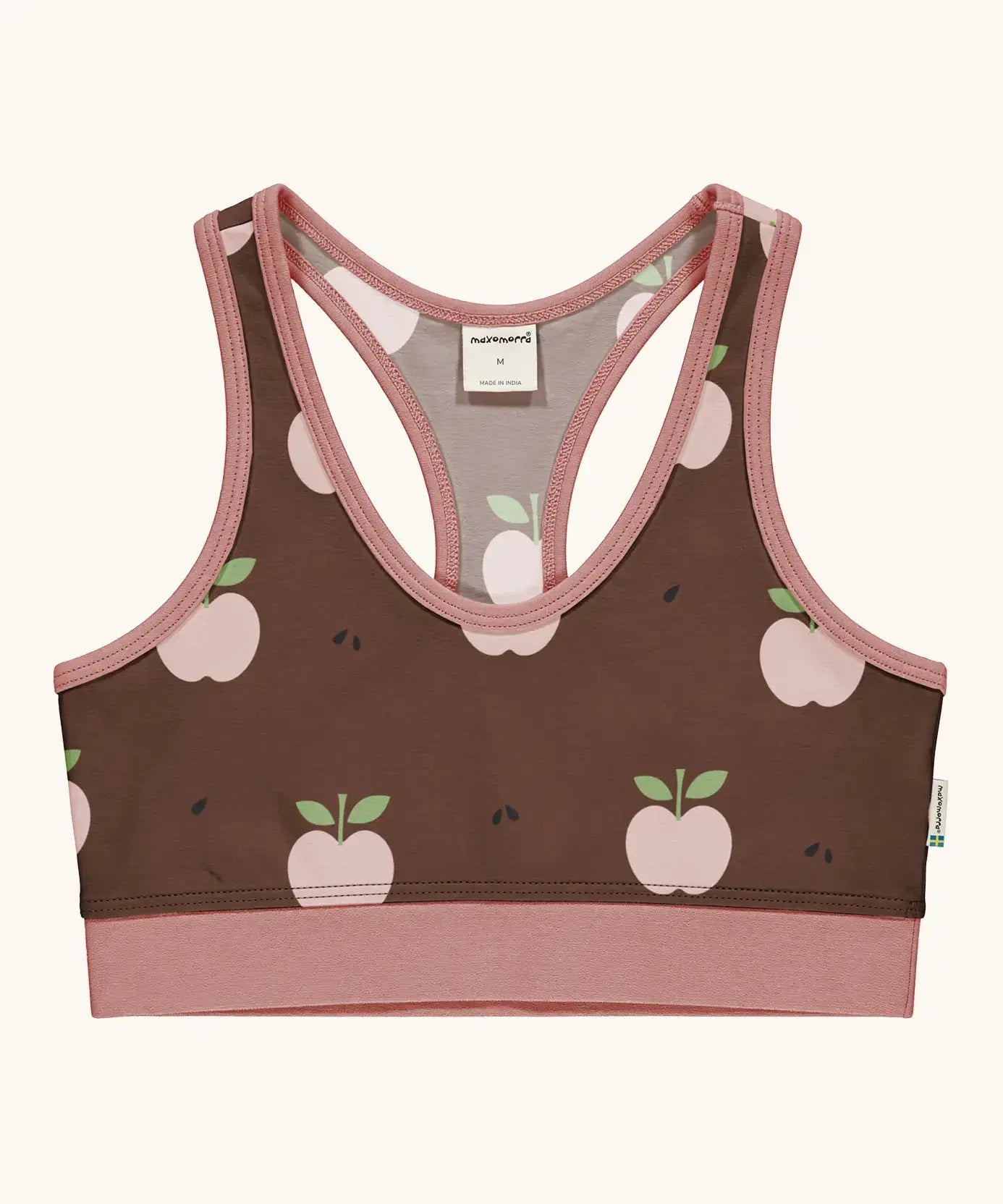 Maxomorra GOTS organic cotton comfort top in brown with a repeating apple print and pale pink trim. A cropped vest with an elasticated under band