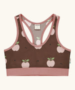 Maxomorra GOTS organic cotton comfort top in brown with a repeating apple print and pale pink trim. A cropped vest with an elasticated under band