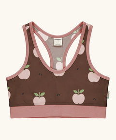 Maxomorra GOTS organic cotton comfort top in brown with a repeating apple print and pale pink trim. A cropped vest with an elasticated under band