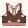 Maxomorra GOTS organic cotton comfort top in brown with a repeating apple print and pale pink trim. A cropped vest with an elasticated under band