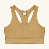 Maxomorra GOTS organic cotton comfort top in mustard. A cropped vest with an elasticated under band