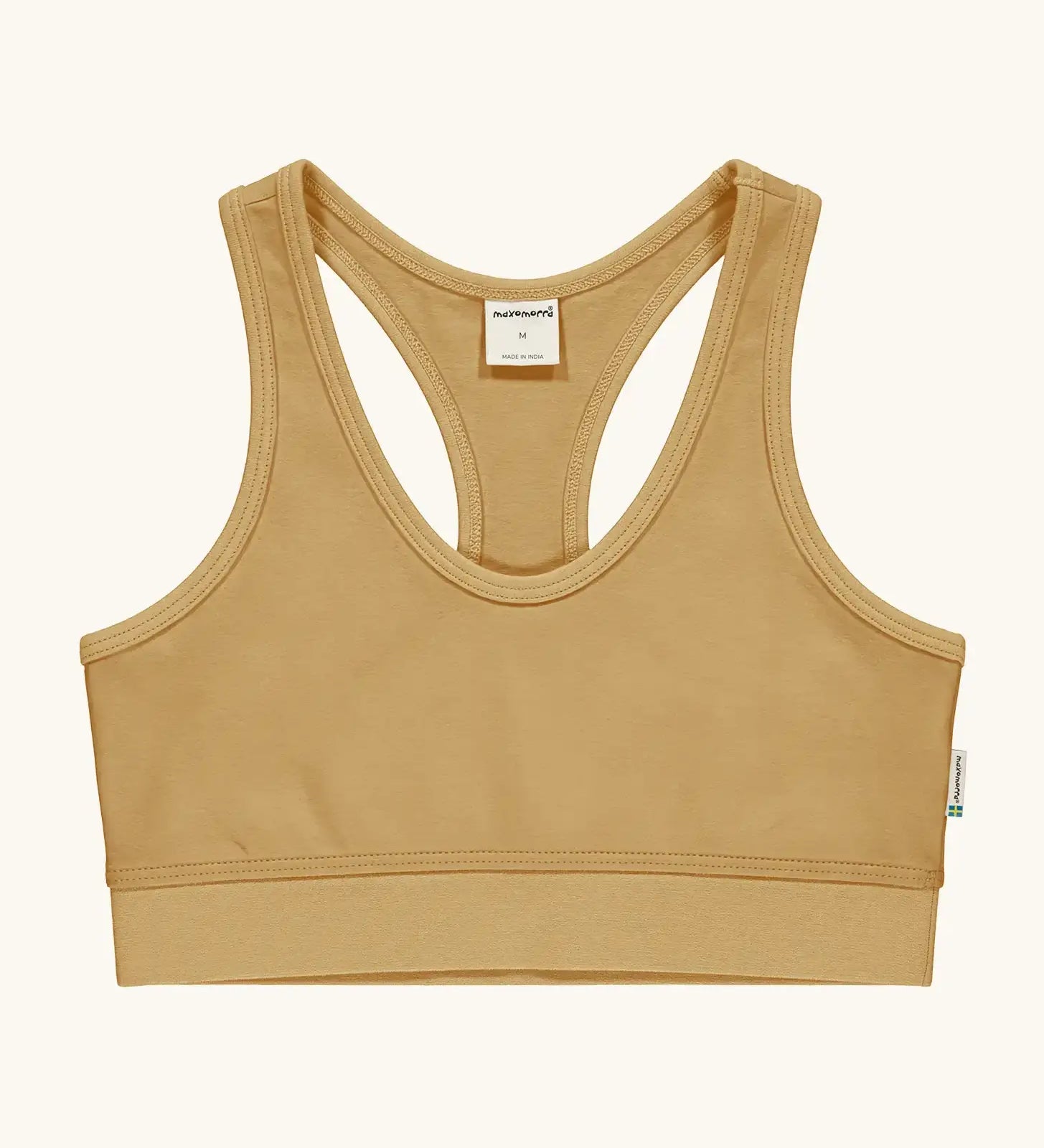 Maxomorra GOTS organic cotton comfort top in mustard. A cropped vest with an elasticated under band