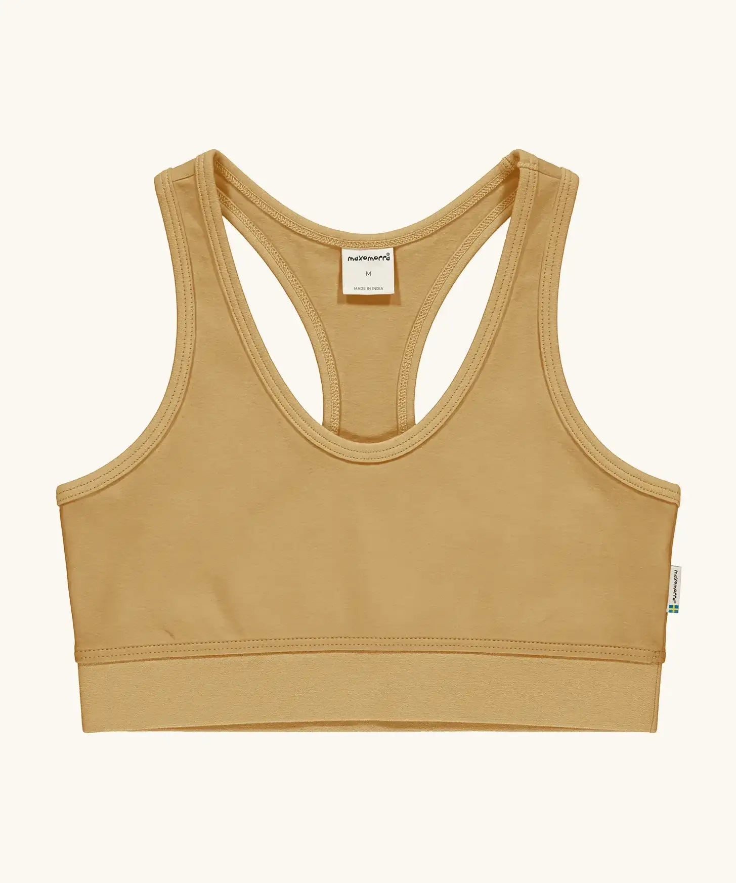 Maxomorra GOTS organic cotton comfort top in mustard. A cropped vest with an elasticated under band