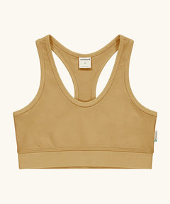 Maxomorra GOTS organic cotton comfort top in mustard. A cropped vest with an elasticated under band