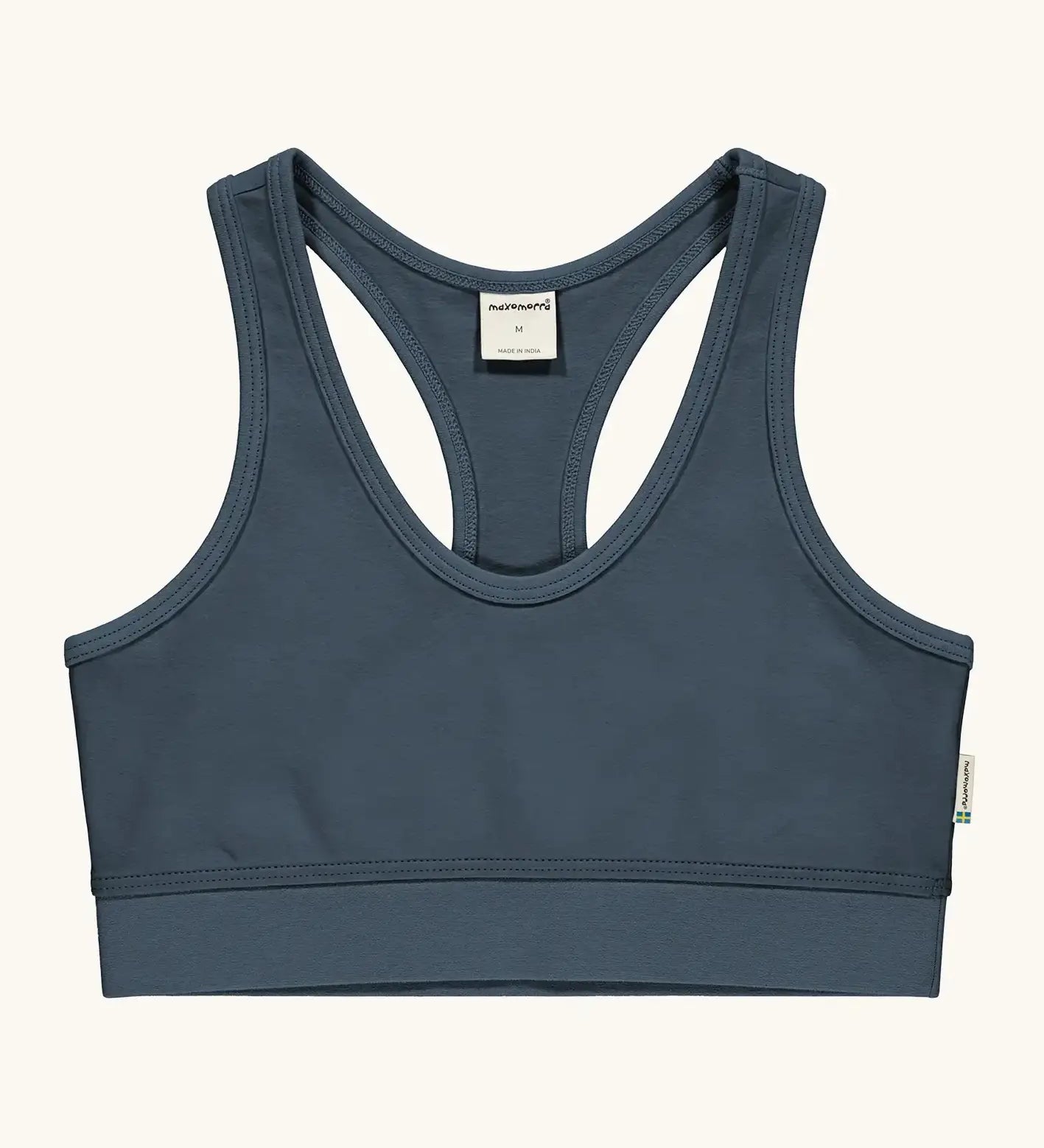 Maxomorra GOTS organic cotton comfort top in solid blue. A cropped vest with an elasticated under band