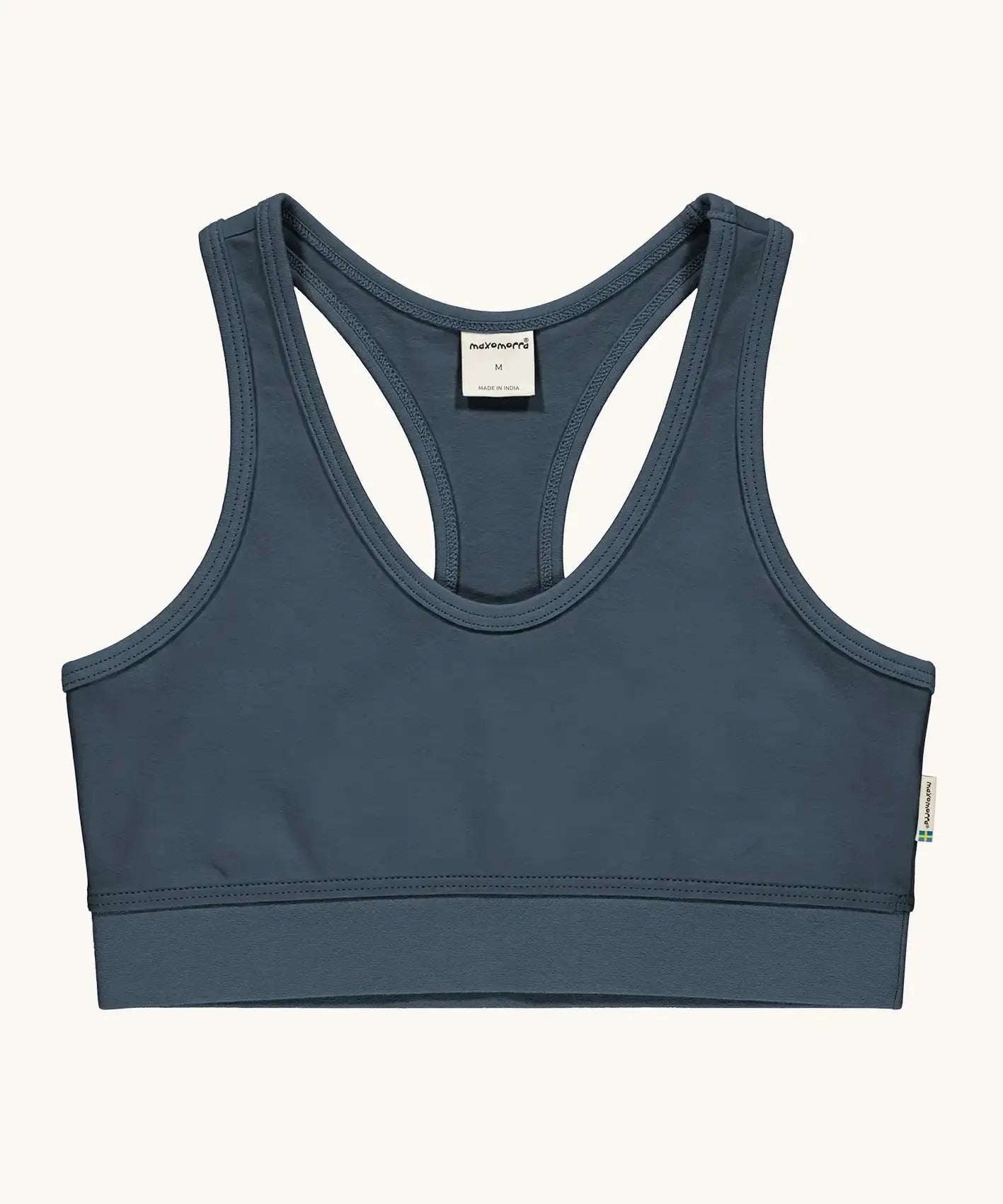 Maxomorra GOTS organic cotton comfort top in solid blue. A cropped vest with an elasticated under band