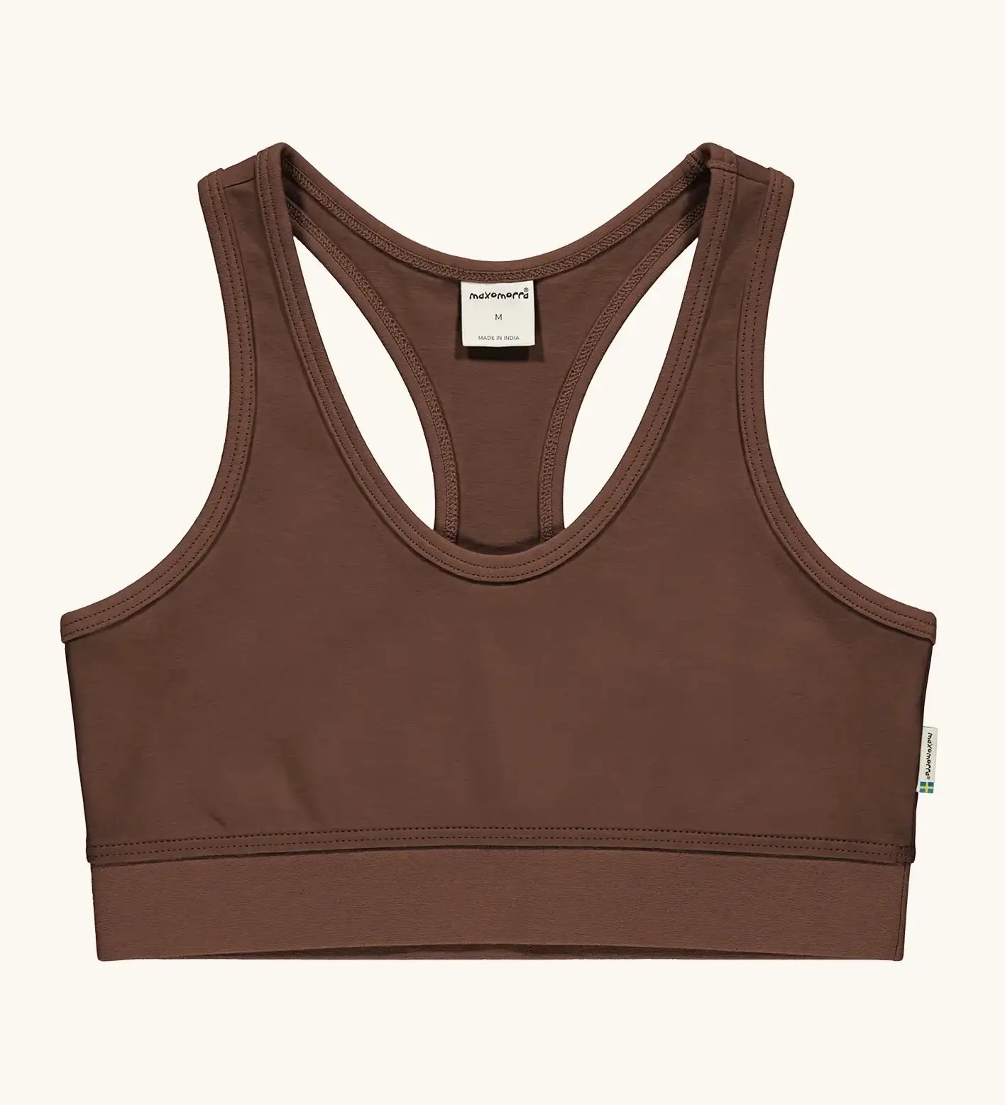 Maxomorra GOTS organic cotton comfort top in solid brown. A cropped vest with an elasticated under band