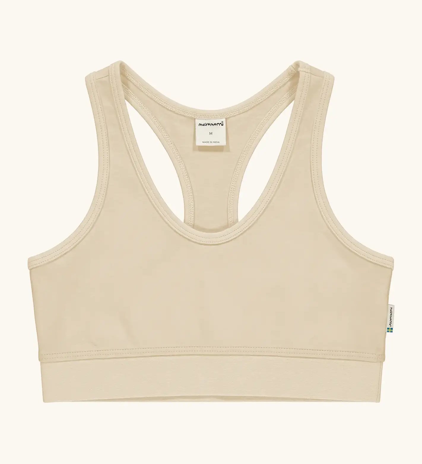 Maxomorra GOTS organic cotton comfort top in cream. A cropped vest with an elasticated under band