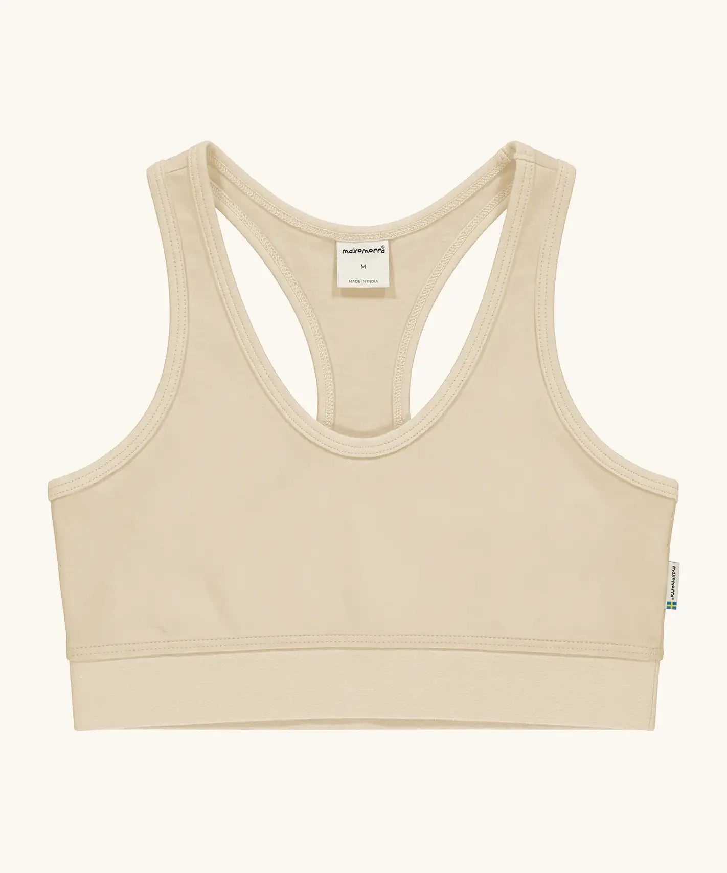 Maxomorra GOTS organic cotton comfort top in cream. A cropped vest with an elasticated under band