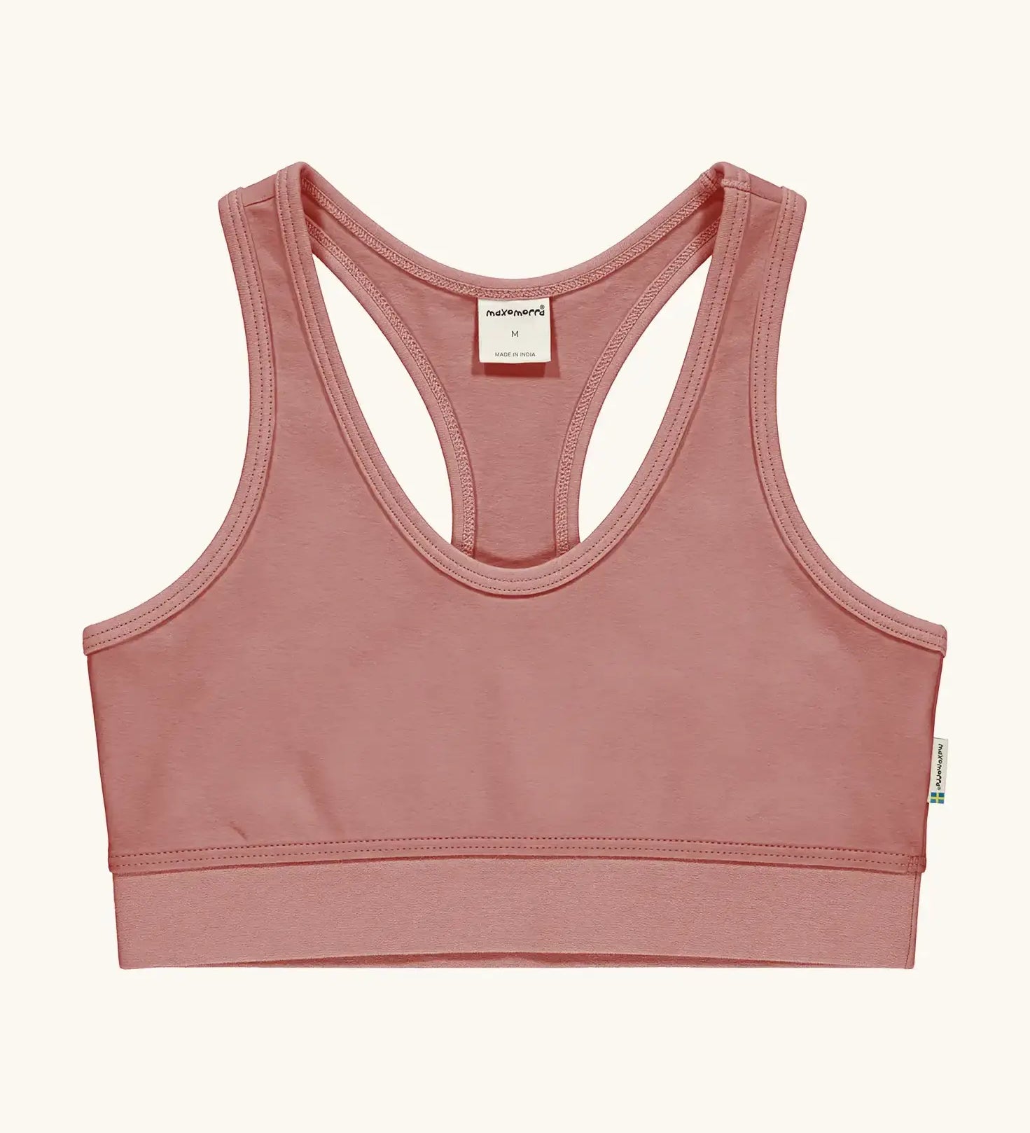 Maxomorra GOTS organic cotton comfort top in solid pink. A cropped vest with an elasticated under band