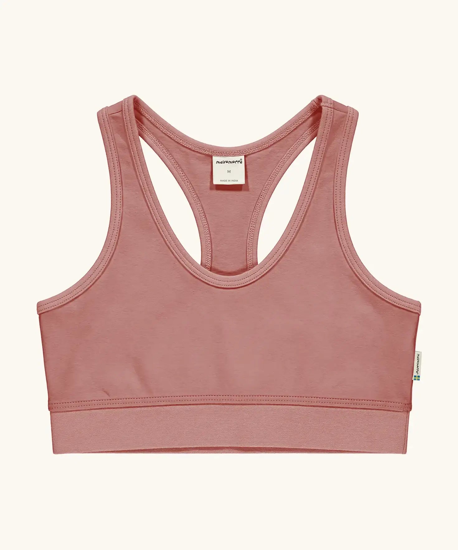 Maxomorra GOTS organic cotton comfort top in solid pink. A cropped vest with an elasticated under band