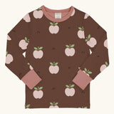 Maxomorra GOTS organic cotton long sleeve top in brown with a cute repeating pink apple print and pale pink neck line and cuffs
