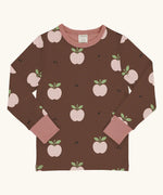 Maxomorra GOTS organic cotton long sleeve top in brown with a cute repeating pink apple print and pale pink neck line and cuffs