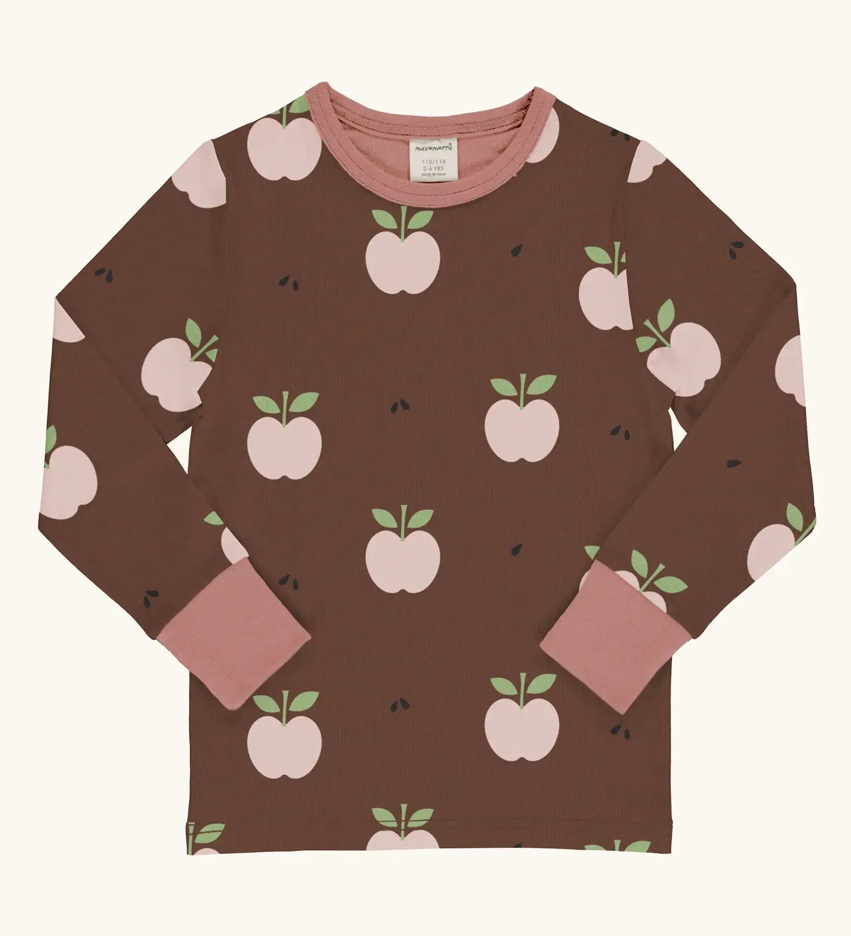Maxomorra GOTS organic cotton long sleeve top in brown with a cute repeating pink apple print and pale pink neck line and cuffs