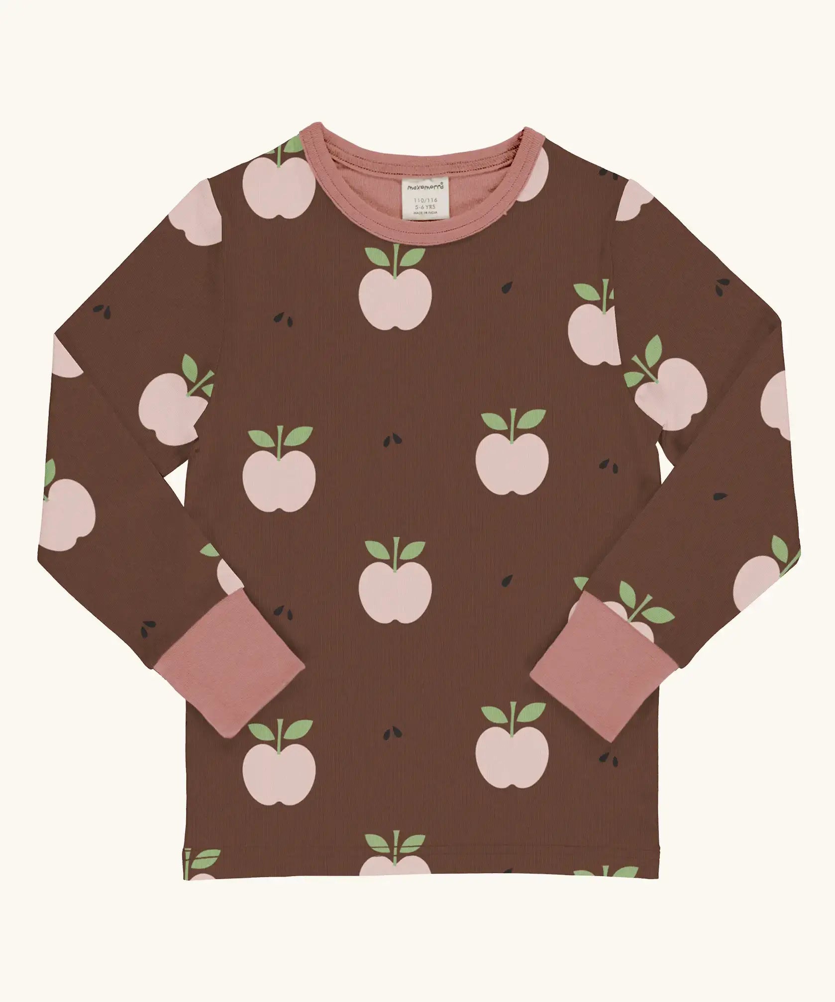 Maxomorra GOTS organic cotton long sleeve top in brown with a cute repeating pink apple print and pale pink neck line and cuffs