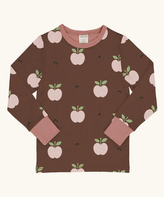 Maxomorra GOTS organic cotton long sleeve top in brown with a cute repeating pink apple print and pale pink neck line and cuffs