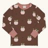 Maxomorra GOTS organic cotton long sleeve top in brown with a cute repeating pink apple print and pale pink neck line and cuffs