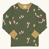 Maxomorra GOTS organic cotton long sleeve top in green with a cute repeating owl print and a mustard neck line and cuffs