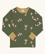 Maxomorra GOTS organic cotton long sleeve top in green with a cute repeating owl print and a mustard neck line and cuffs