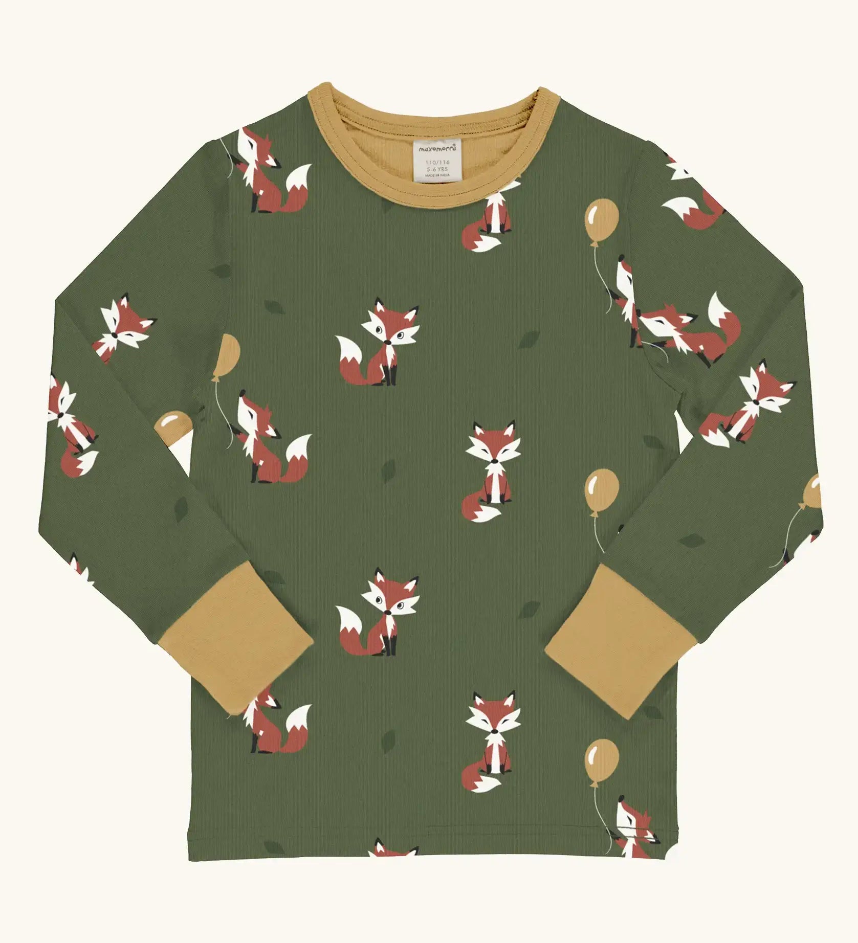 Maxomorra GOTS organic cotton long sleeve top in green with a cute repeating owl print and a mustard neck line and cuffs