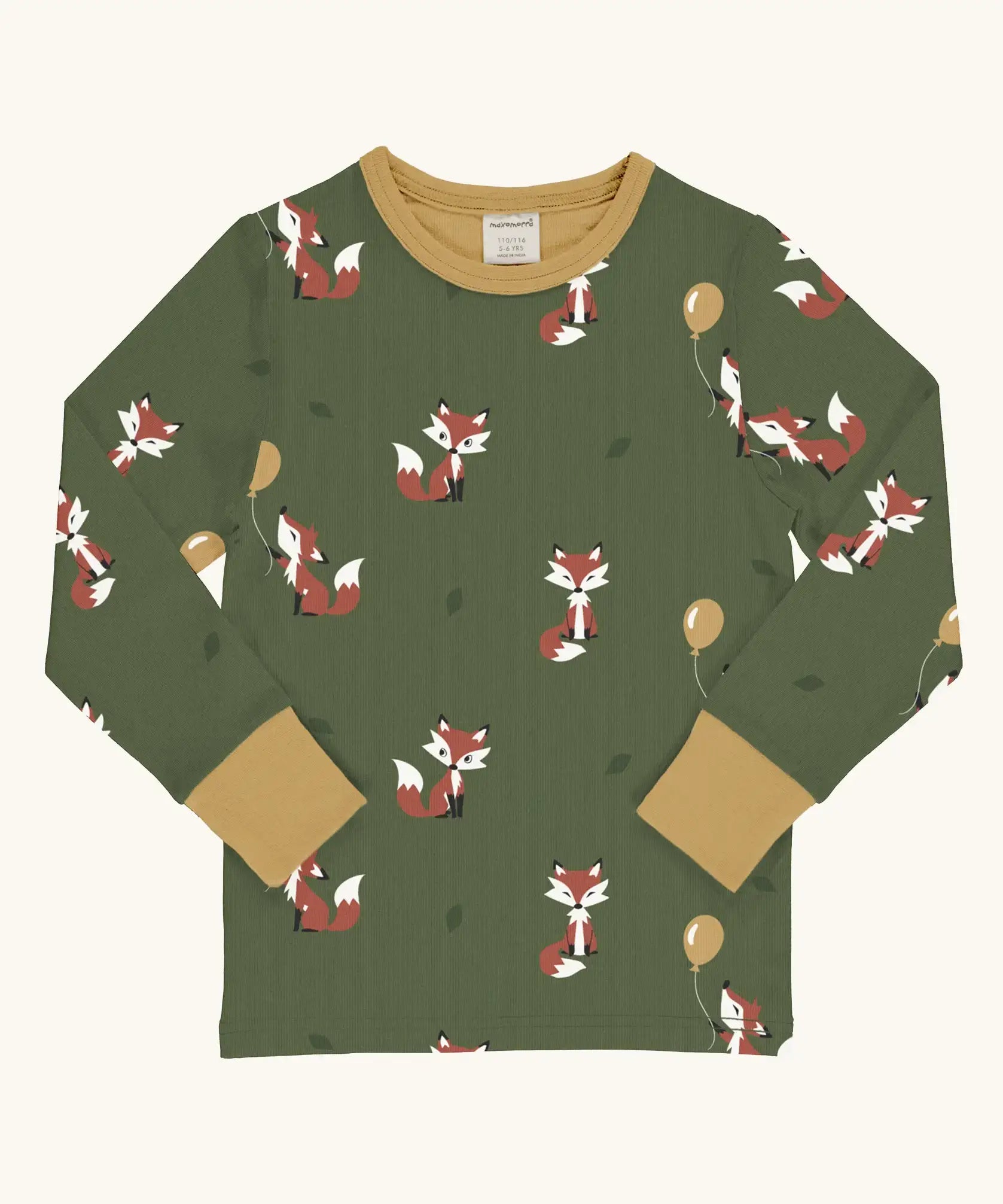 Maxomorra GOTS organic cotton long sleeve top in green with a cute repeating owl print and a mustard neck line and cuffs