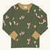 Maxomorra GOTS organic cotton long sleeve top in green with a cute repeating owl print and a mustard neck line and cuffs