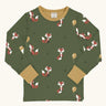 Maxomorra GOTS organic cotton long sleeve top in green with a cute repeating owl print and a mustard neck line and cuffs