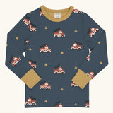 Maxomorra GOTS organic cotton long sleeve top in blue with a cute repeating frie truck print and a mustard neck line and cuffs