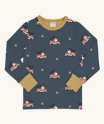 Maxomorra GOTS organic cotton long sleeve top in blue with a cute repeating frie truck print and a mustard neck line and cuffs