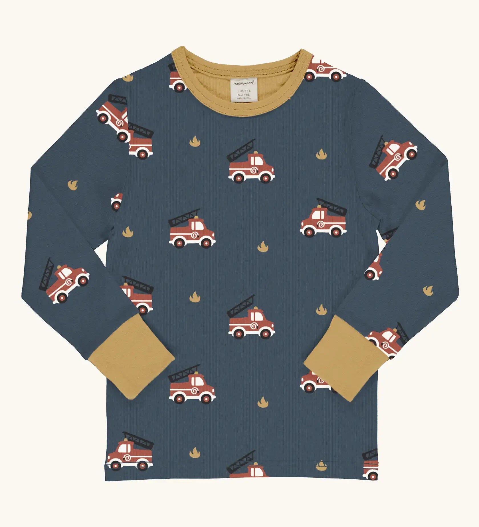 Maxomorra GOTS organic cotton long sleeve top in blue with a cute repeating frie truck print and a mustard neck line and cuffs