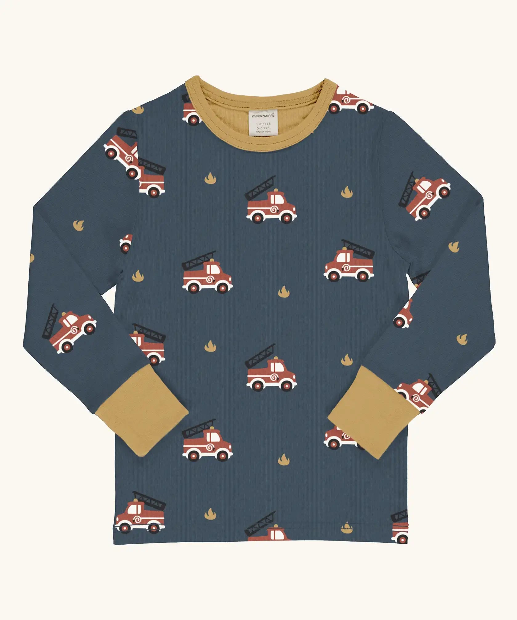 Maxomorra GOTS organic cotton long sleeve top in blue with a cute repeating frie truck print and a mustard neck line and cuffs