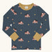 Maxomorra GOTS organic cotton long sleeve top in blue with a cute repeating frie truck print and a mustard neck line and cuffs