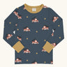 Maxomorra GOTS organic cotton long sleeve top in blue with a cute repeating frie truck print and a mustard neck line and cuffs