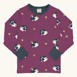 Maxomorra GOTS organic cotton long sleeve top in purple with a cute repeating hedgehog print and a navy neck line and cuffs