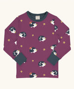 Maxomorra GOTS organic cotton long sleeve top in purple with a cute repeating hedgehog print and a navy neck line and cuffs