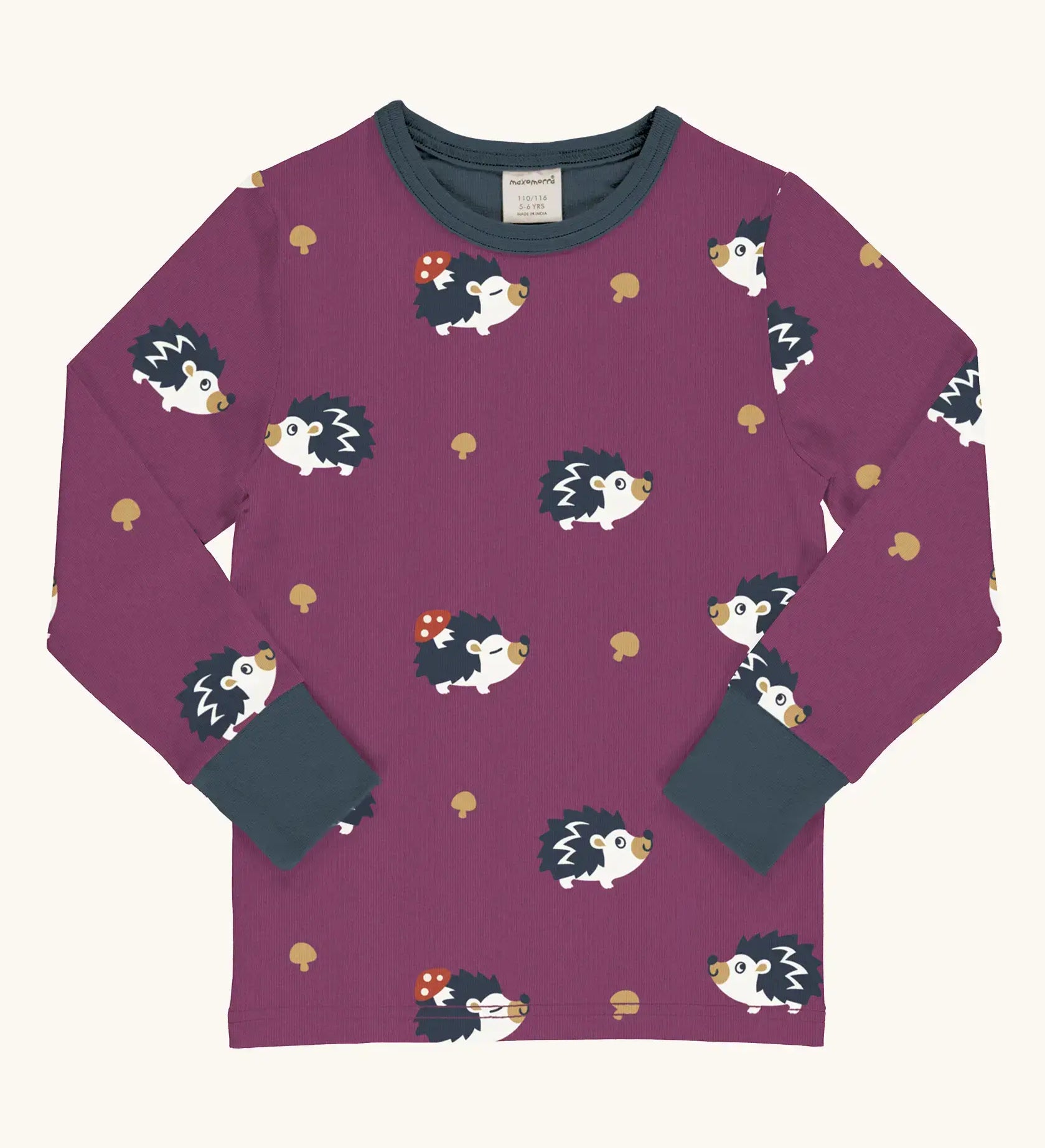 Maxomorra GOTS organic cotton long sleeve top in purple with a cute repeating hedgehog print and a navy neck line and cuffs
