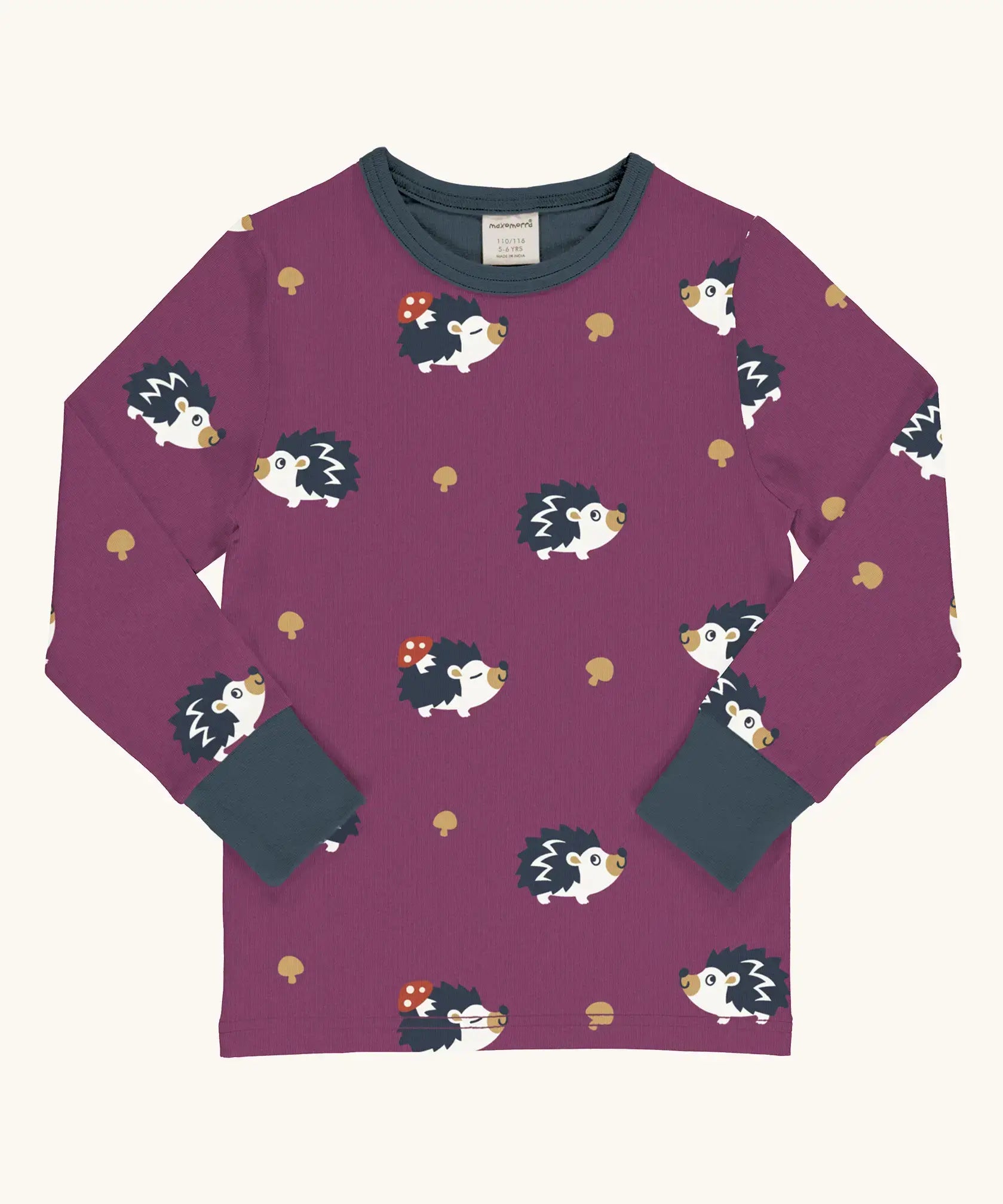 Maxomorra GOTS organic cotton long sleeve top in purple with a cute repeating hedgehog print and a navy neck line and cuffs