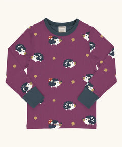 Maxomorra GOTS organic cotton long sleeve top in purple with a cute repeating hedgehog print and a navy neck line and cuffs