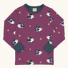 Maxomorra GOTS organic cotton long sleeve top in purple with a cute repeating hedgehog print and a navy neck line and cuffs