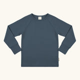 Maxomorra GOTS organic cotton long sleeve raglan top in solid blue. Features a crew neck line and fitted cuffs