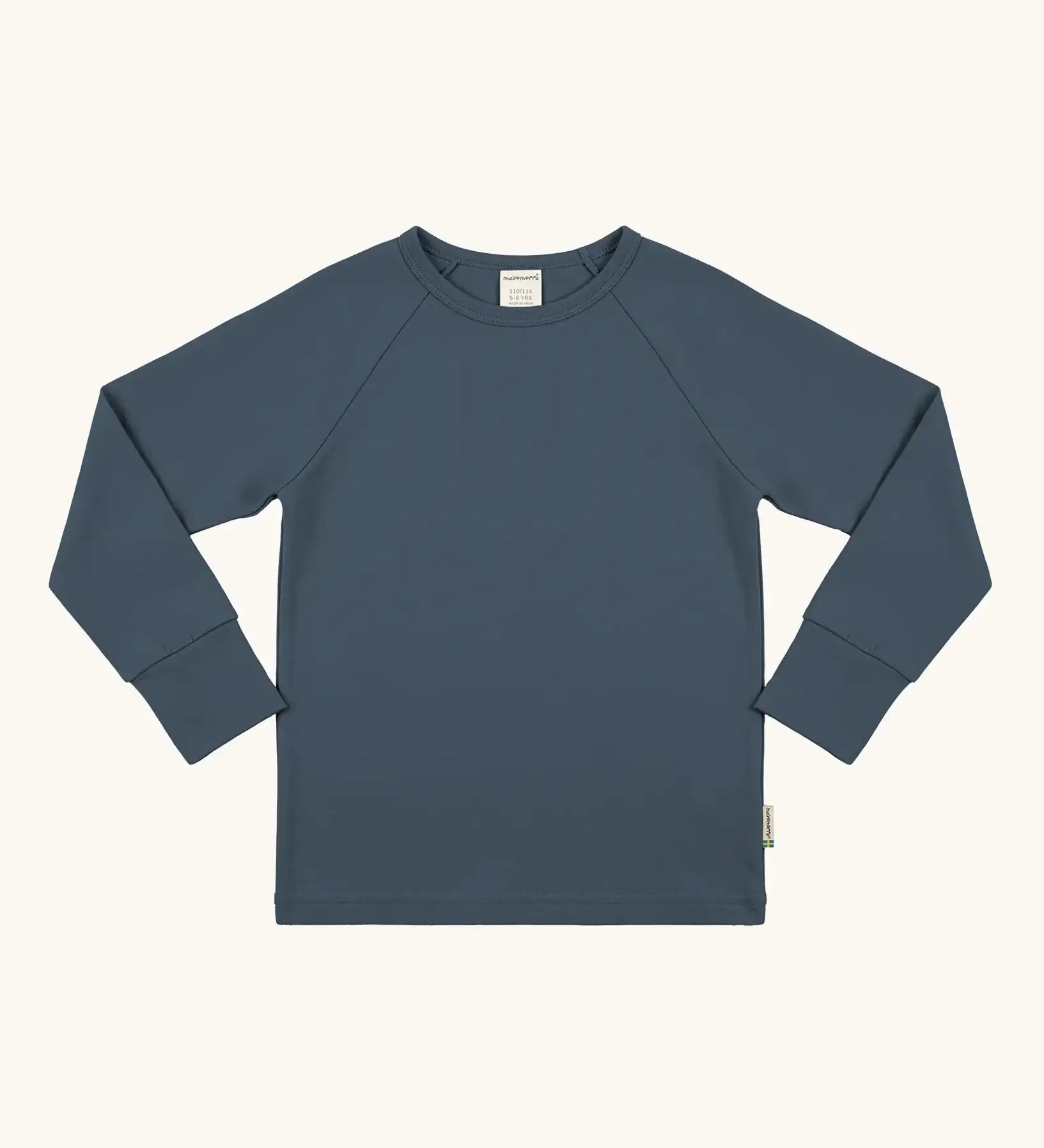 Maxomorra GOTS organic cotton long sleeve raglan top in solid blue. Features a crew neck line and fitted cuffs