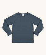 Maxomorra GOTS organic cotton long sleeve raglan top in solid blue. Features a crew neck line and fitted cuffs