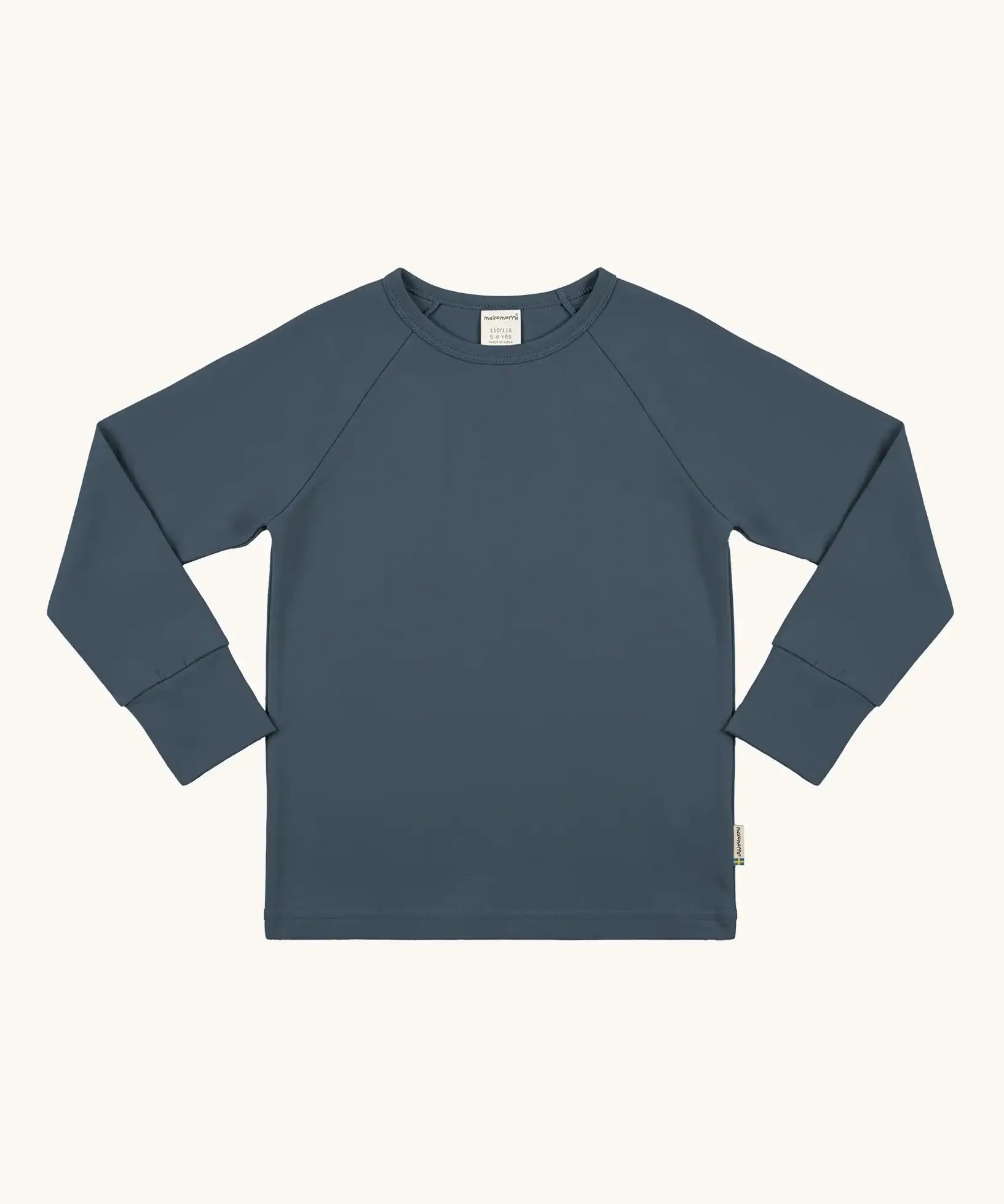 Maxomorra GOTS organic cotton long sleeve raglan top in solid blue. Features a crew neck line and fitted cuffs